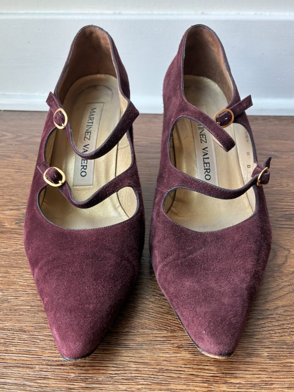 Martinez Valero Vintage Purple/Burgundy Suede Mary Jane Two-Strap Heels - Size 8